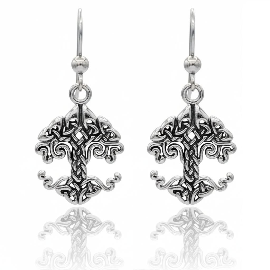 .925 Sterling Silver World Tree Earrings with Interlaced Roots and Branches
