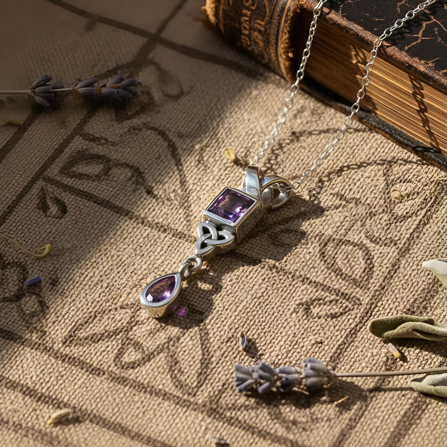 Sterling Silver Amethyst Gemstone Celtic Triquetra Dangle Necklace