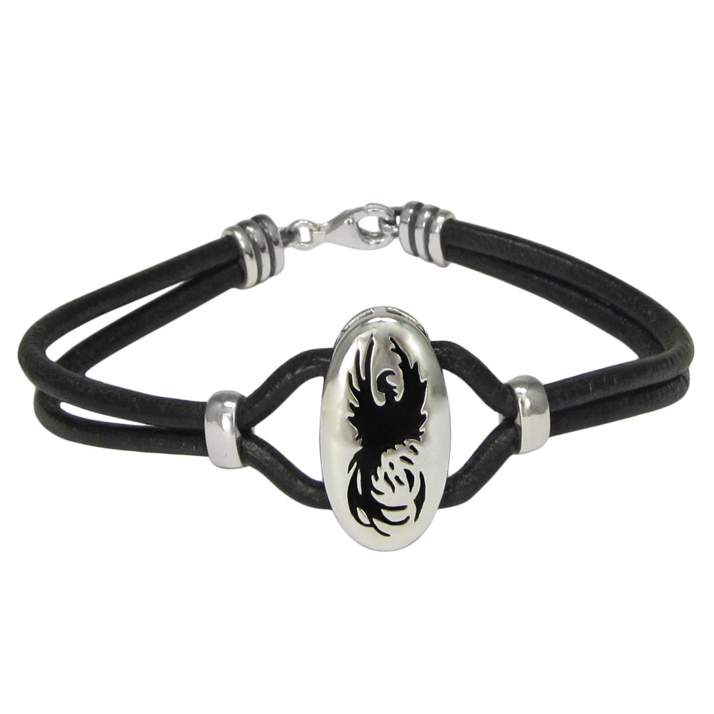 Sterling Silver Phoenix Bird Bracelet with Leather Straps