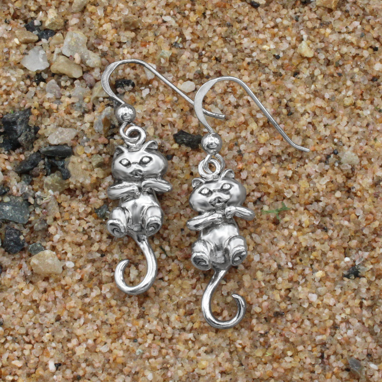 Cat Earrings - Silver Dangle Feline Jewelry