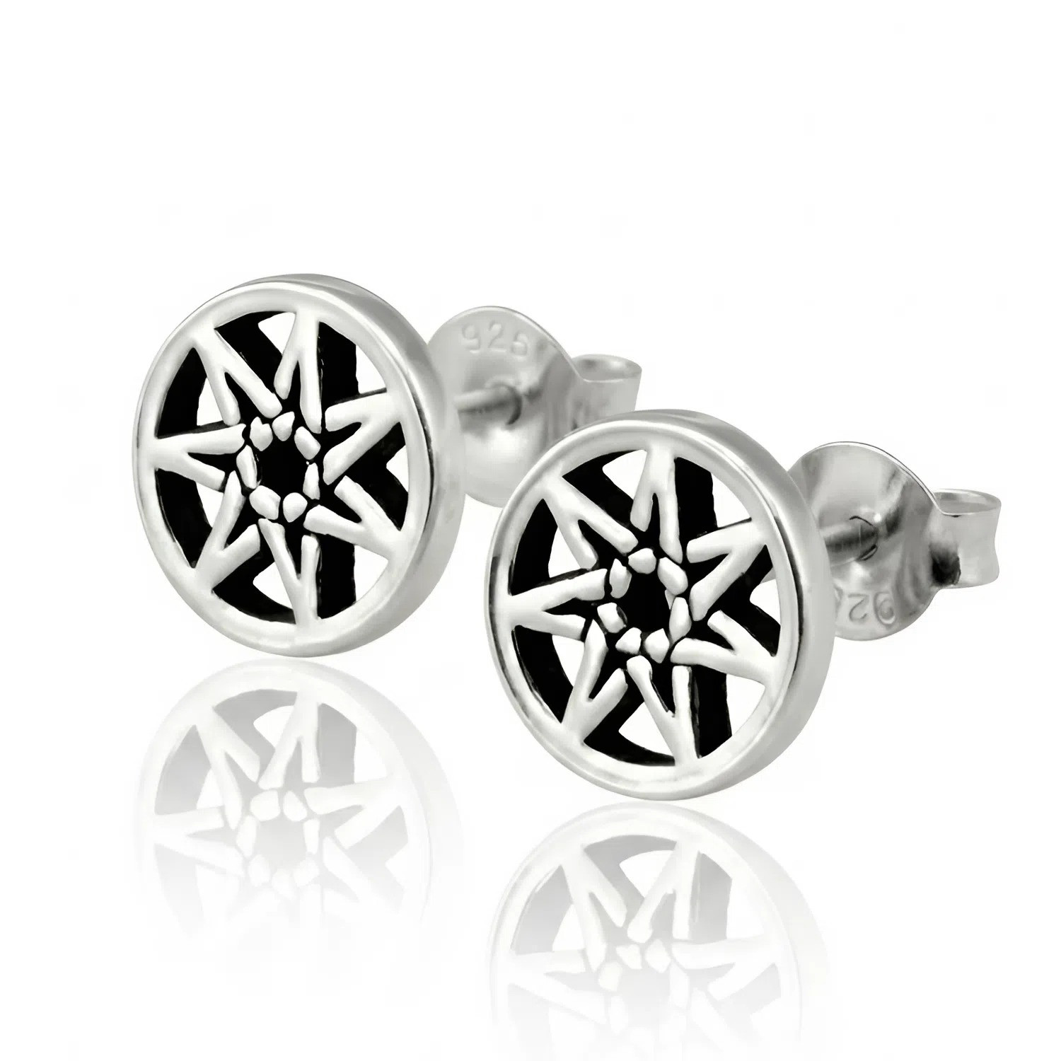 Fairy Star Earrings in fine silver, showcasing small open-cut seven-pointed septagram designs on a crisp white background with a soft reflection