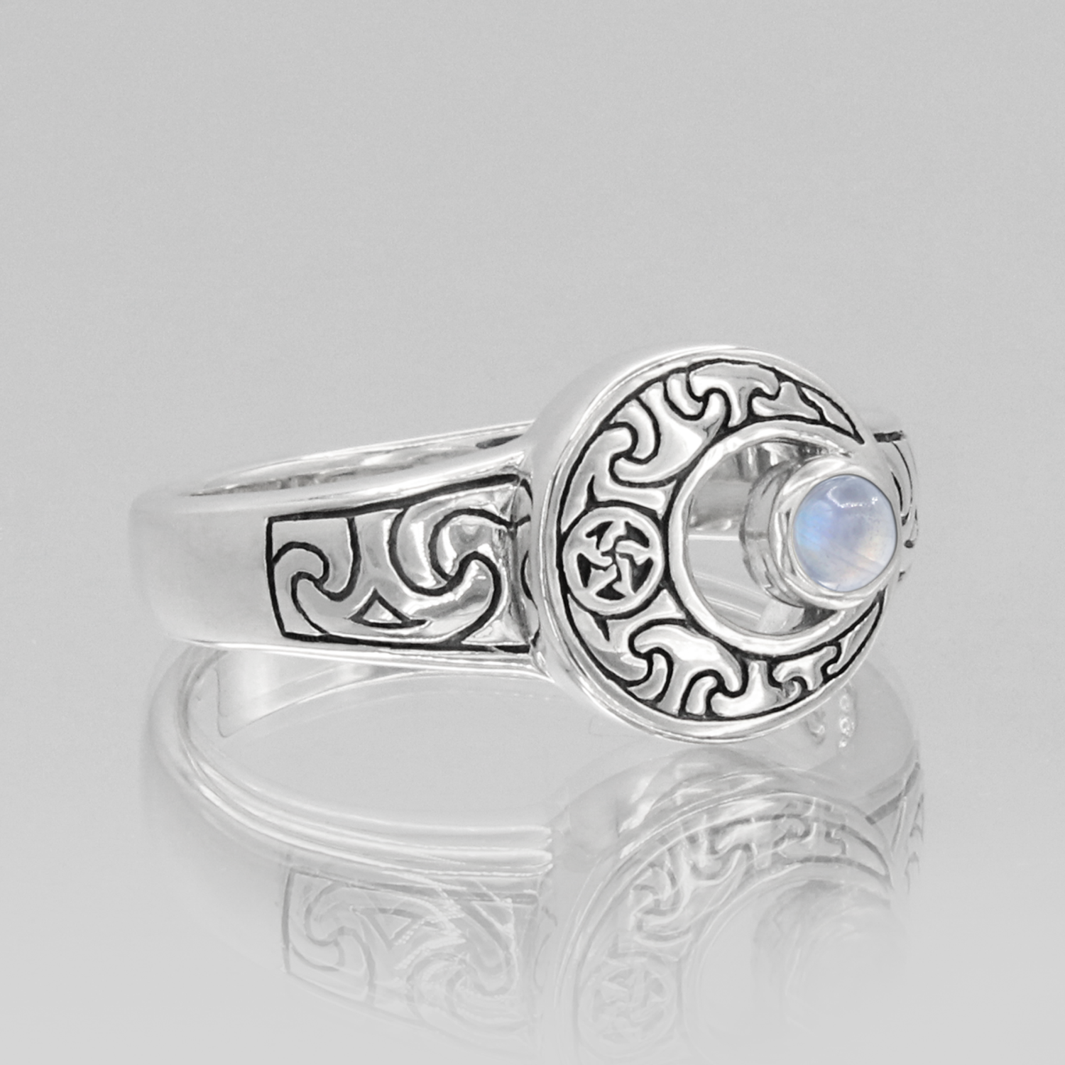 Crescent Moon Ring Rainbow Moonstone Witch Ring | Pagan Jewelry