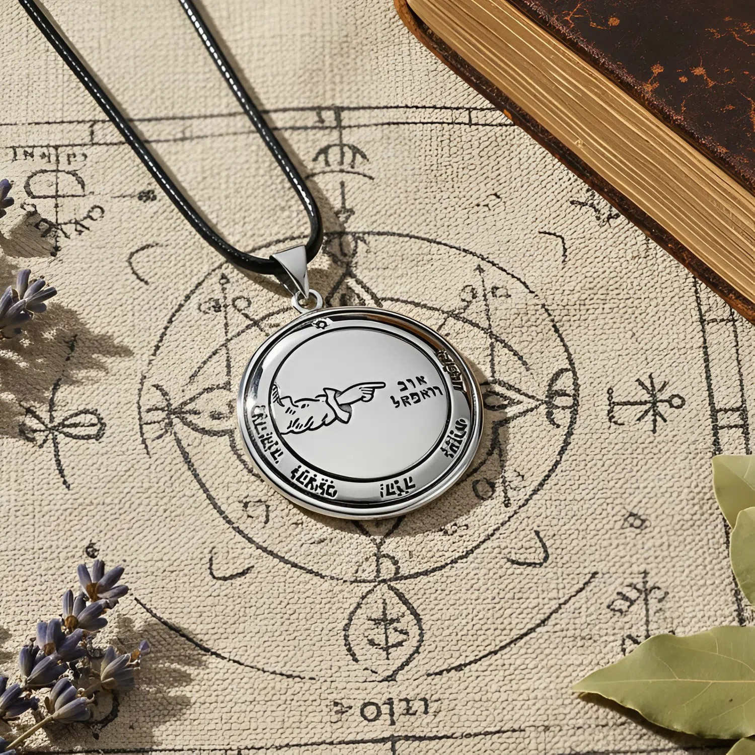 3rd Pentacle of the Moon Medallion with Pointing Hand on Black Cord