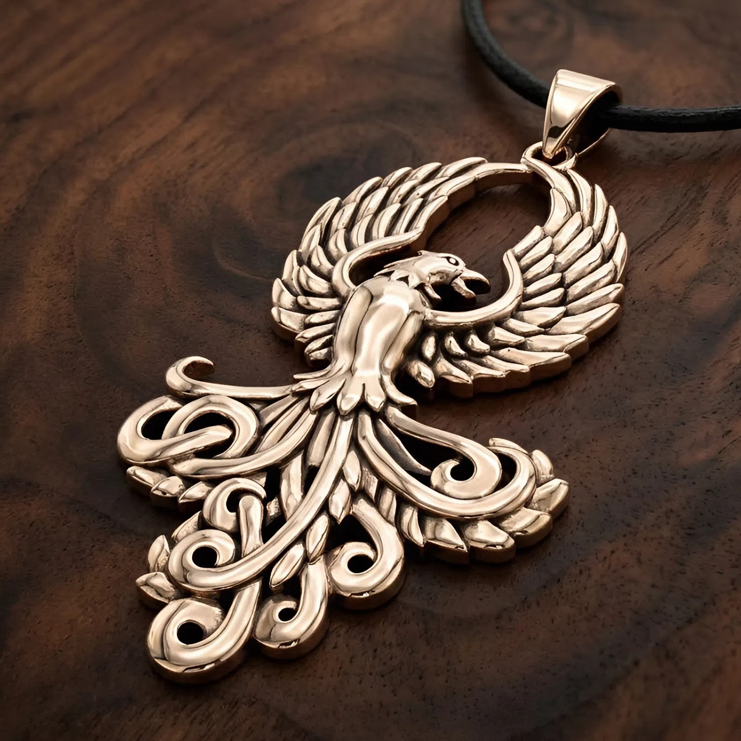 Phoenix pendant necklace at our pagan jewelry store resting flat on a dark wood grain surface, highlighting the deeply carved, swirling tail and outstretched wings of the gold phoenix