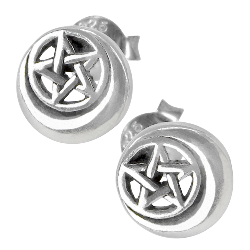 Sterling Silver Crescent Moon Pentacle Earring Studs
