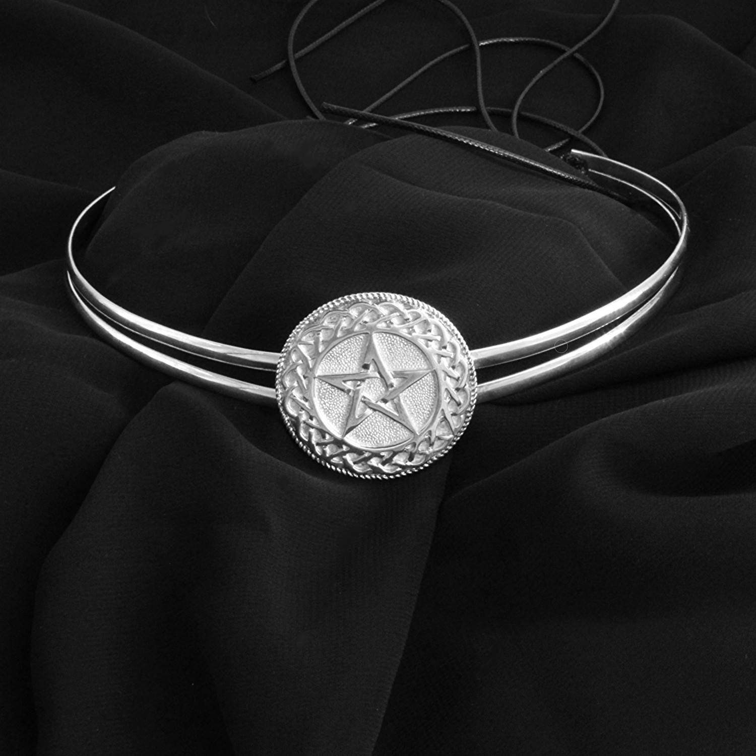 Handcrafted silver pentacle circlet ritual tool Wiccan practitioner pentacle crown five elements protection occult apparel modern witchy clothing accessories ritual work witchcraft aesthetic outfit