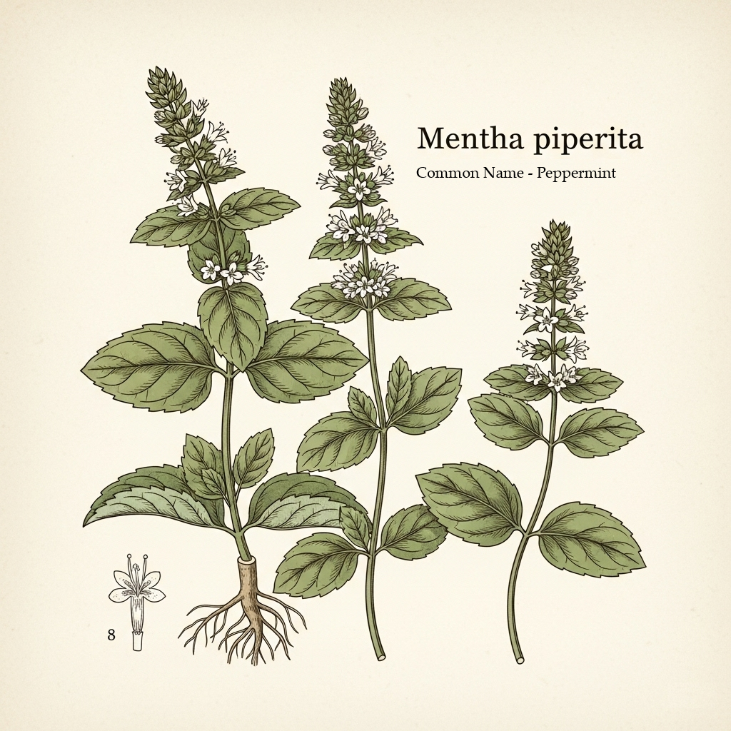 Refreshing peppermint botanical image, an Essential Wiccan herb & Witchcraft Supply. A powerful spiritual tool for magic, rituals, cleansing, & prosperity spells.