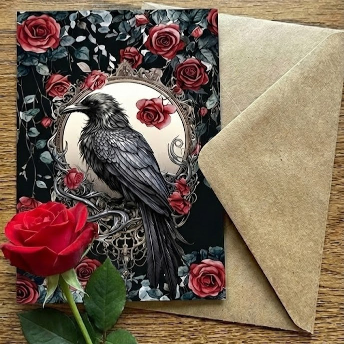 Raven & Red Roses Birthday card l Sarah Mae Artworks