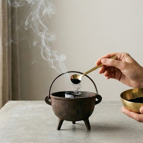 Banishing incense powder a Loose ritual incense blend for protection and space clearing incense Black powdered incense for boundaries setting Witchcraft Essentials banishing powder a focus incense powder traditional loose incense for charcoal a witchcraft wiccan pagan hoodoo incense blend in use on altar