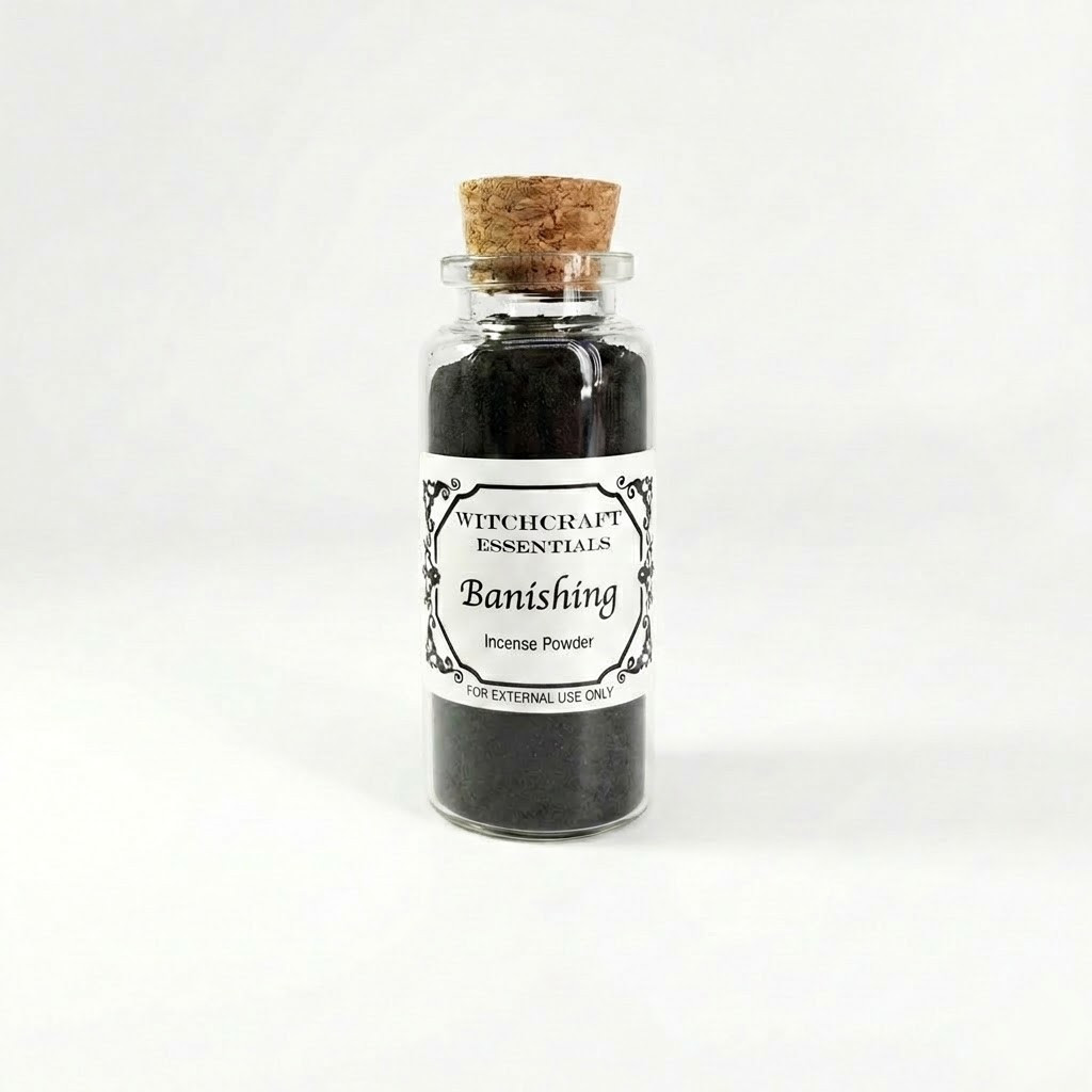 Front view of a glass vial containing black Banishing Incense Powder by Witchcraft Essentials against a white background.