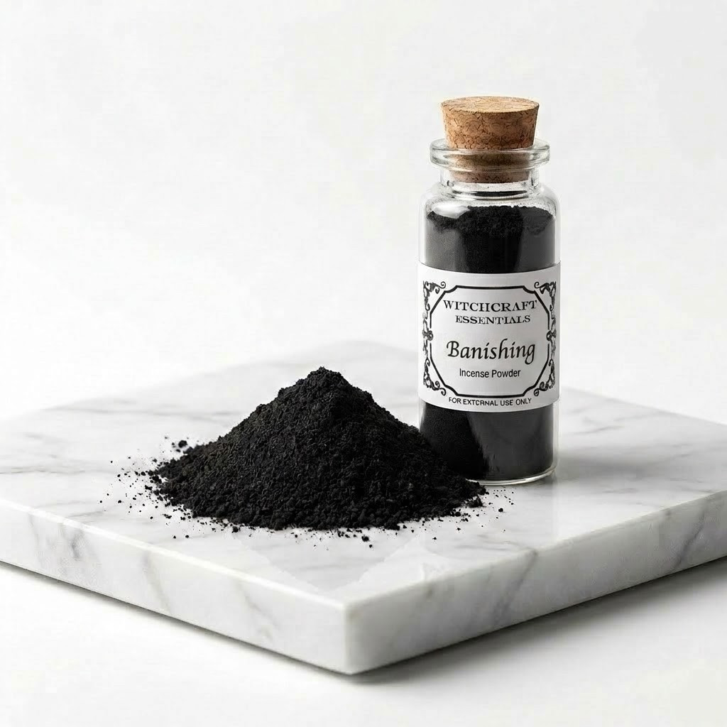 A corked glass bottle of Witchcraft Essentials Banishing Incense Powder next to a pile of black loose incense on a white marble block.