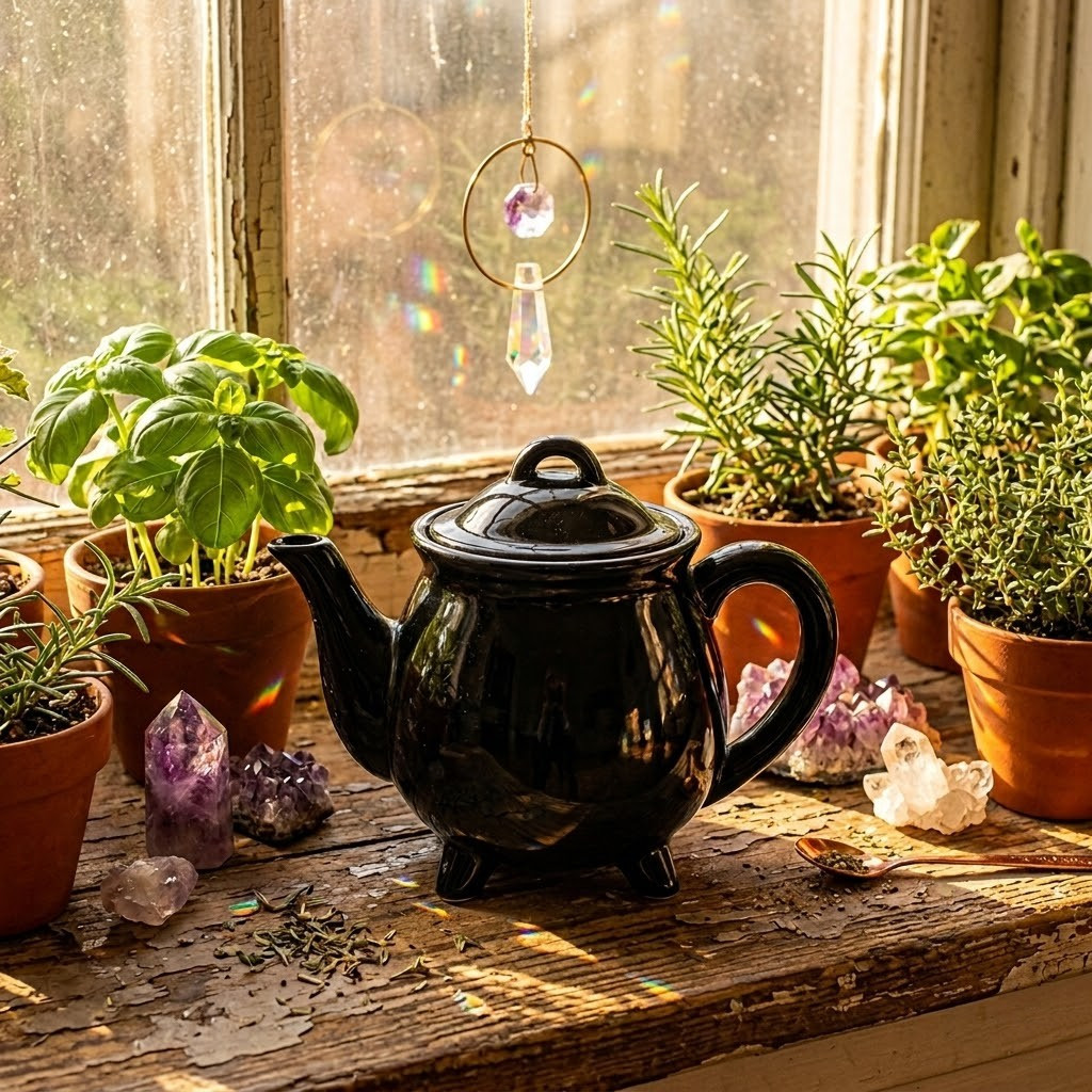 Kitchen Witch Witches Brew Tea Pot Green Witchcraft Tool with Plants