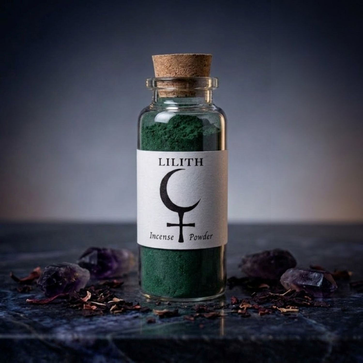 Dark blue Lilith incense powder for shadow work and devotional offerings. Wiccan witchcraft incense for dark moon spells.