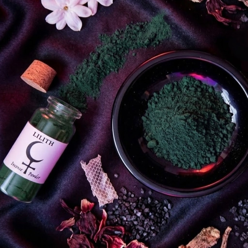 Lilith ritual incense powder in a glass vial and offering bowl. Dark blue incense for Lilith altar supplies,  Wiccan witchcraft incense for dark moon spells, shadow work and empowerment rituals.
