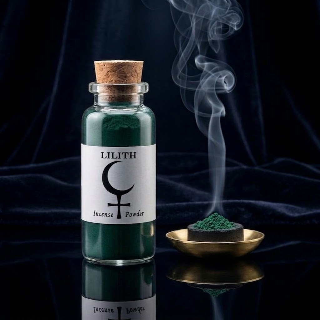 Lilith goddess incense offering with sacred smoke. Dark blue powder incense for shadow work and Wiccan altar devotional.