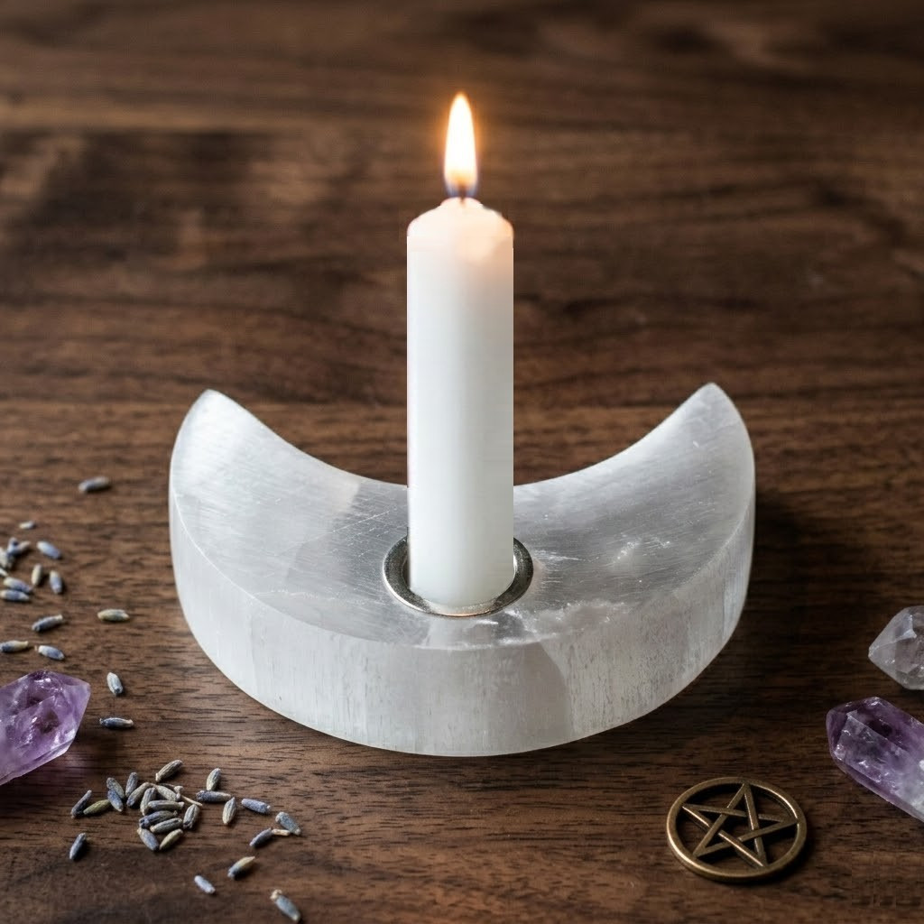 Selenite Crescent Spell Candle Holder | Energy Cleansing & Altar Decor