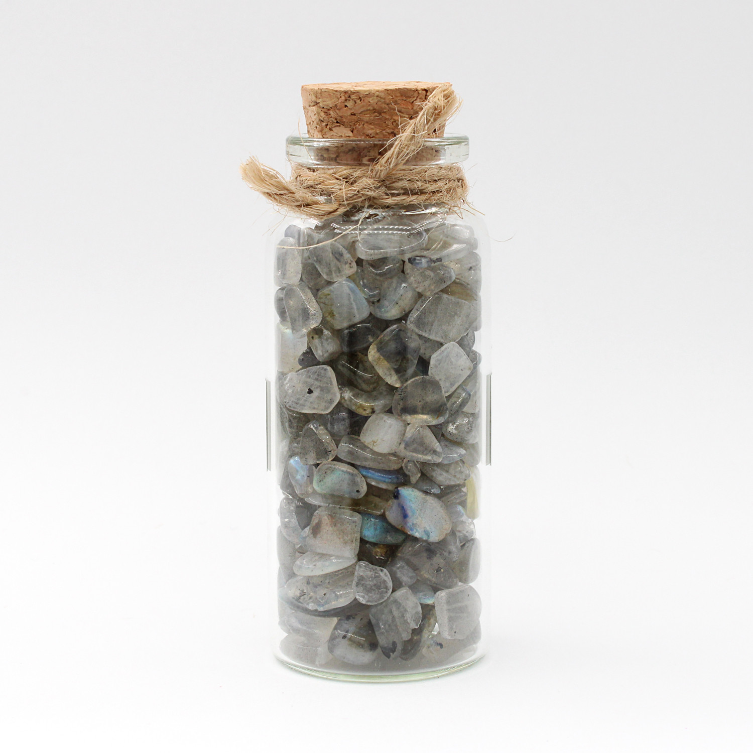 Labradorite amulet witch jar, pagan, wiccan, and witchcraft metaphysical store supplies with pentacle charm showing the backside of witch bottle
