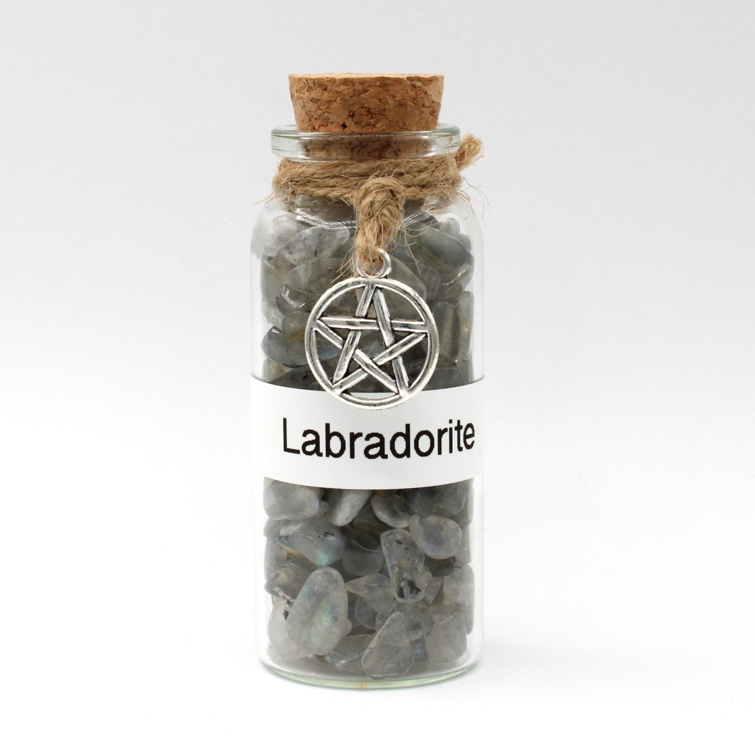 Labradorite amulet witch jar, pagan, wiccan, and witchcraft metaphysical store supplies with pentacle charm