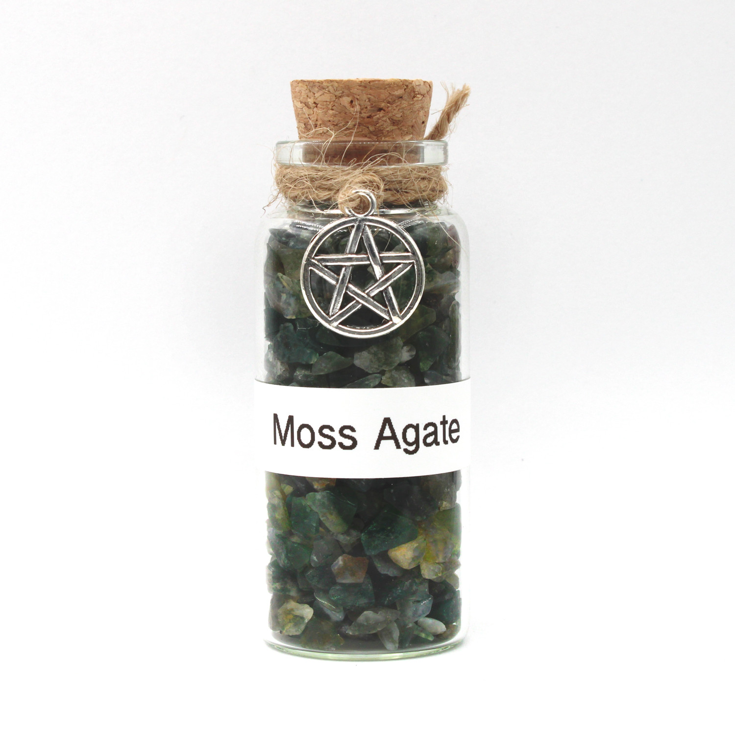 Moss agate, green witchcraft supplies for green witches image shown with spell bottle full of moss agate for earth magick