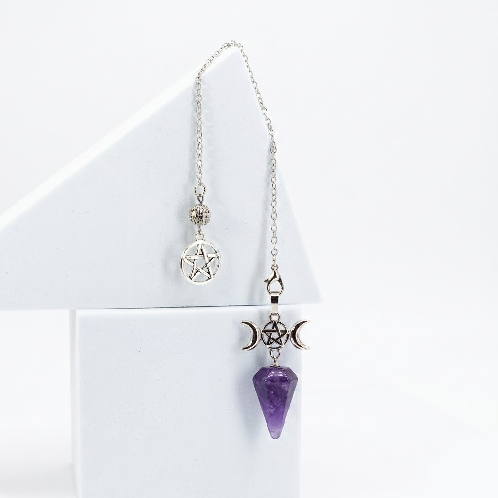 Amethyst Triple Moon Pendulum with Pentagram