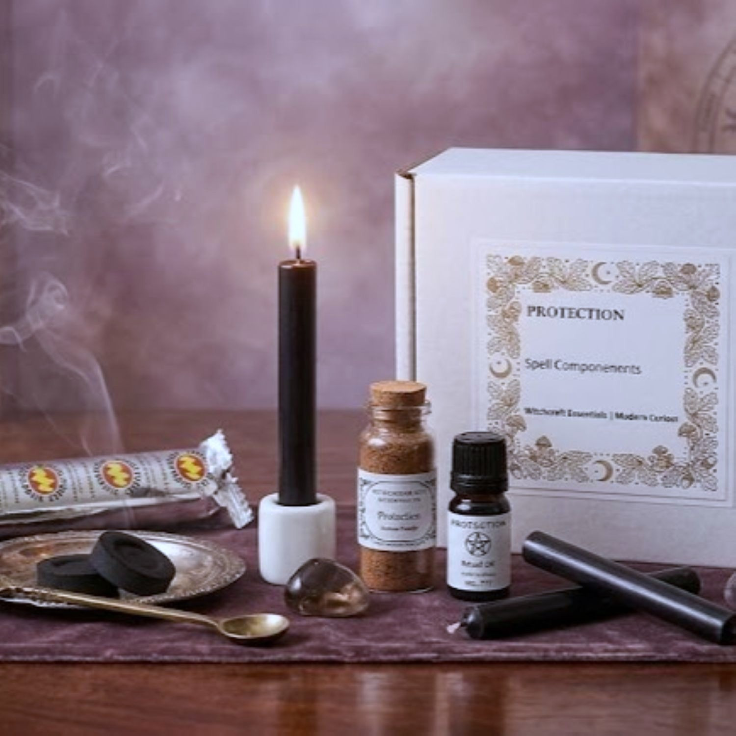 artistic shot of samhain ritual supplies - protection bundle or ingredients for samhain rituals for sale at our witch store