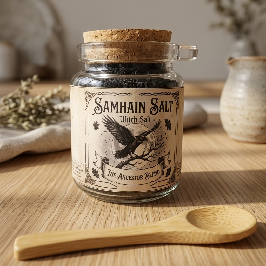 Samhain Black Ritual Salt: The Ancestor Blend (8 oz Jar with Wooden Spoon)