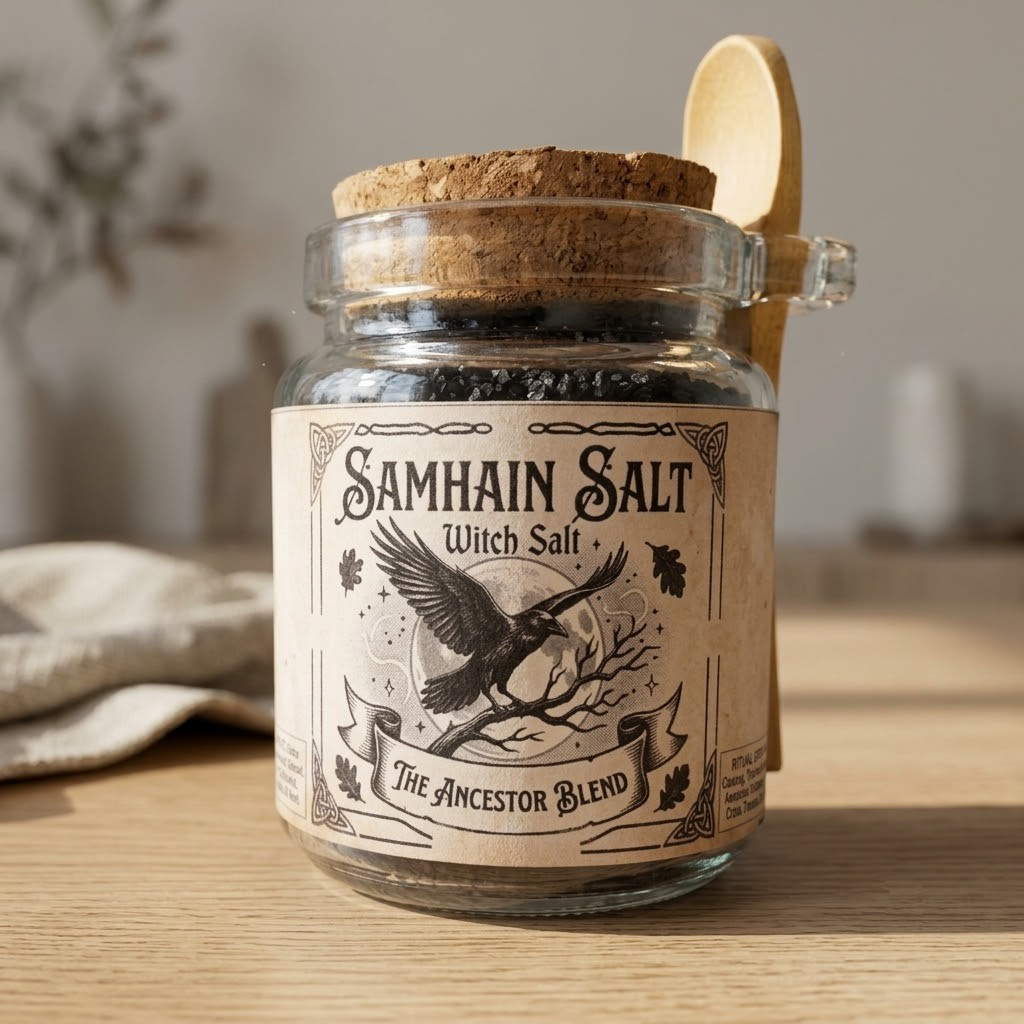 Samhain Black Ritual Salt: The Ancestor Blend (8 oz Jar with Wooden Spoon)