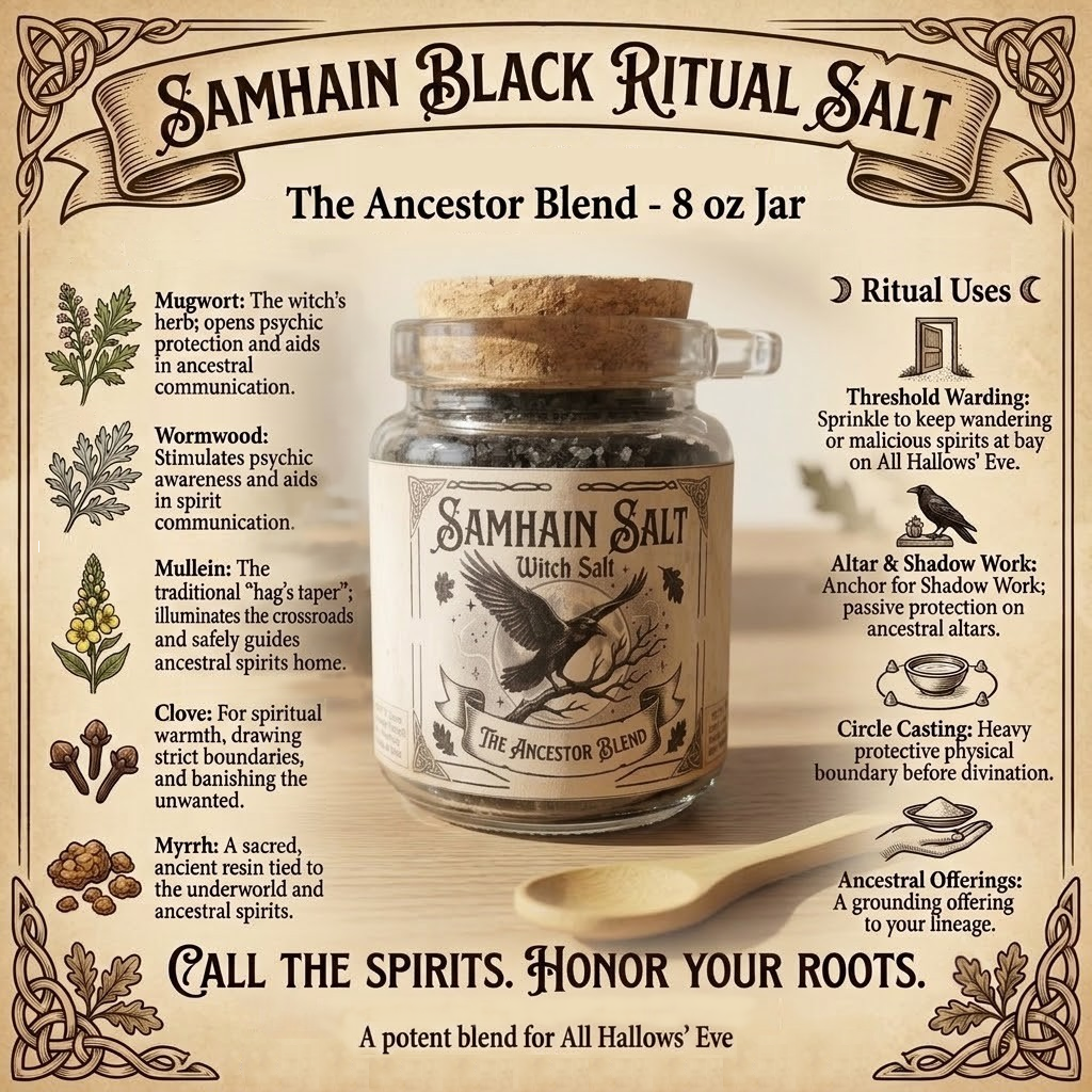 Samhain Black Ritual Salt: The Ancestor Blend (8 oz Jar with Wooden Spoon)