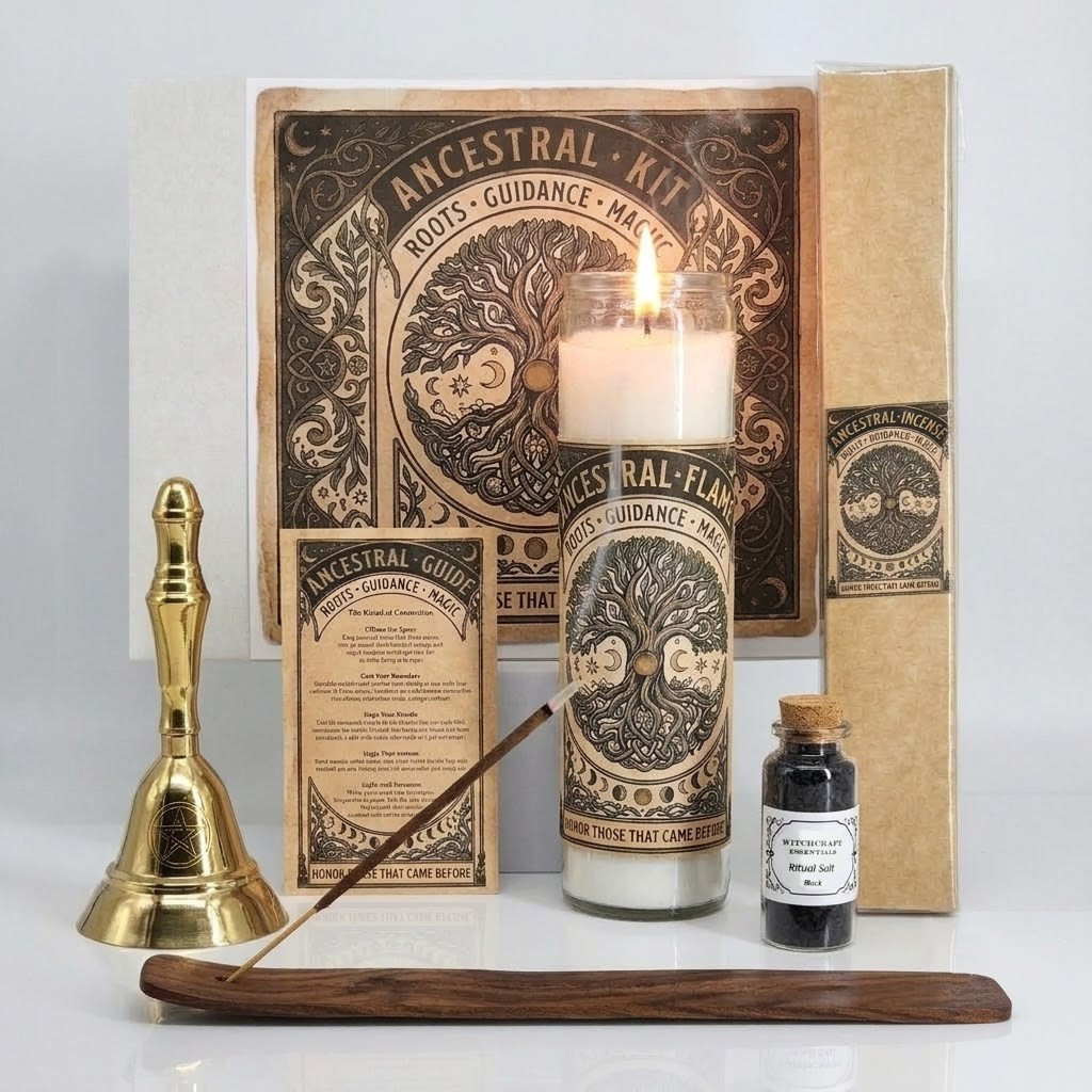 Ancestral Altar | Samhain Ritual Kit | Candle, Bell, Incense & Black Ritual Salt