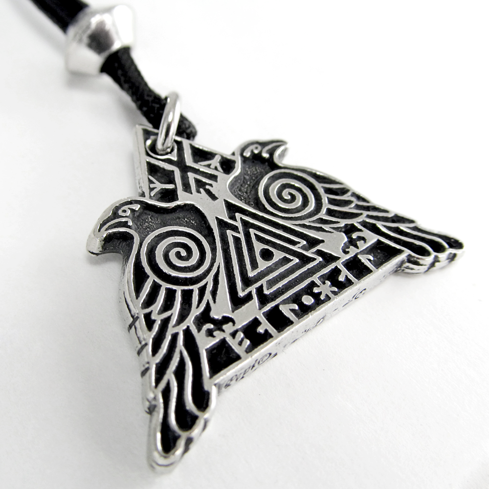 Norse Pagan Jewelry : Odin's Ravens Pendant with black cord necklace | A Viking & Norse Pagan Raven & Valknut Necklace | Odin, Norse Pagan God Jewelry