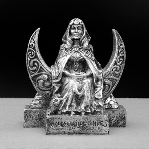 Front view of the Wiccan lunar goddess figurine designed by Paul Borda, featuring a silver-finished witch goddess seated on an engraved base