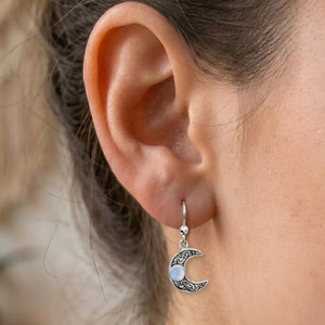Witches moon earrings being worn at our pagan jewelry store