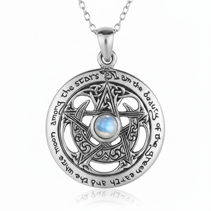 Moon Goddess Pentagrams at our Wiccan & Pagan jewelry store : Sterling Silver Large Cut Out Moon Pentacle Necklace with Rainbow Moonstone Moon Goddess Pentagrams at our Wiccan & Pagan jewelry store : Sterling Silver Large Cut Out Moon Pentacle Necklace with Rainbow Moonstone