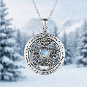 Moon Goddess Pentagrams at our Wiccan & Pagan jewelry store : Yule Gifts and Gift ideas | Sterling Silver Large Cut Out Moon Pentacle Necklace with Rainbow Moonstone