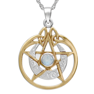 Sterling Silver Vermeil Crescent Moon Pentacle Rainbow Moonstone