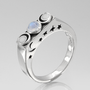 Sterling Silver Wiccan Witch Ring, adorned with a mesmerizing Moonstone, embodies the Triple Goddess and makes a powerful addition to any Witchcraft jewelry collection for Pagan practices.