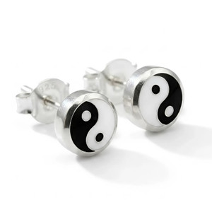 Yin Yang stud earrings showcasing tiny, small .925 sterling silver craftsmanship in a minimalist round design on a clean white background