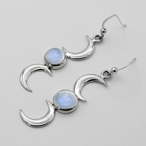Triple Moon Phase Earrings | Sterling SIlver Rainbow Moonstone