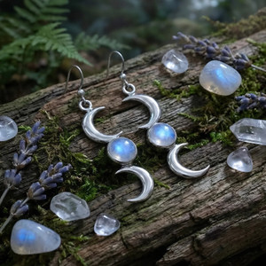 Triple Moon Goddess Earrings - Sterling Silver Wiccan Pagan Jewelry
