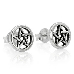 Pentacle earrings in fine sterling silver, showcasing tiny, minimalist studs with a classic interlaced star design on a crisp white background with a soft reflection