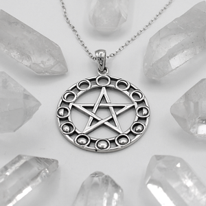 Moon Phase Pentacle Pendant with Crystals | Witchcraft Witch Necklace Made From Sterling Silver