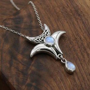 Witch amulet necklace with Celtic triple crescent moon pendant design jewelry