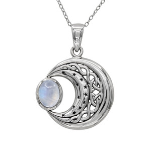 Celtic Knot Crescent Moon Pendant with Modern Stars and Moonstone Necklace