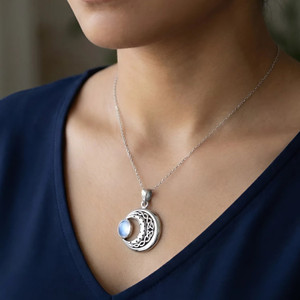 Silver Witch Amulet with Celtic Moon and Stars Rainbow Moonstone Jewelry