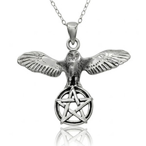 Owl pendant and pentacle necklace in solid sterling silver, beautifully capturing the Athena wisdom symbol against a clean white background
