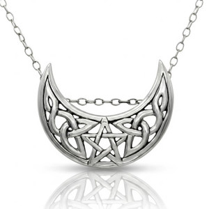 Horned Moon Necklace and Celtic Moon Pendant crafted in solid .925 sterling silver, showcasing a beautiful moon and star pendant at our Wicca supply store