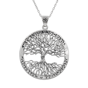 Large witchcraft tree of life pendant necklace with sterling silver cable chain