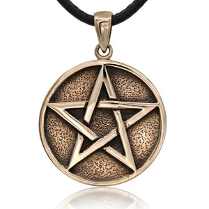 Bronze pentacle necklace featuring a solid gold pentagram design with a textured backing, hanging straight against a bright white background