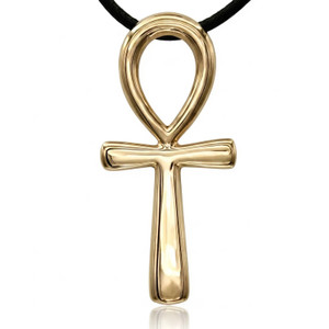 Ankh pendant at our pagan jewelry store in polished gold-tone bronze, featuring the classic Egyptian life symbol hanging straight against a bright white background