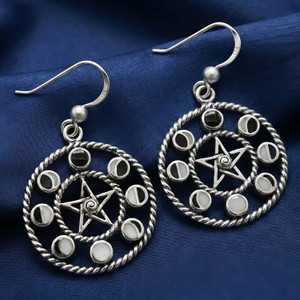 Silver Pentagram Earrings Representing the Full Lunar Cycle